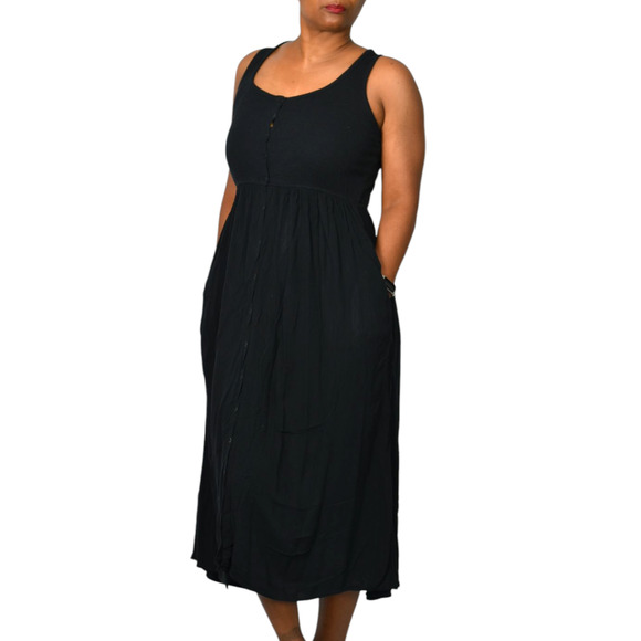 Frye Easy Button Front Dress Black Midi Minimalist Tank Jersey Pockets Rayon XS - Picture 11 of 16